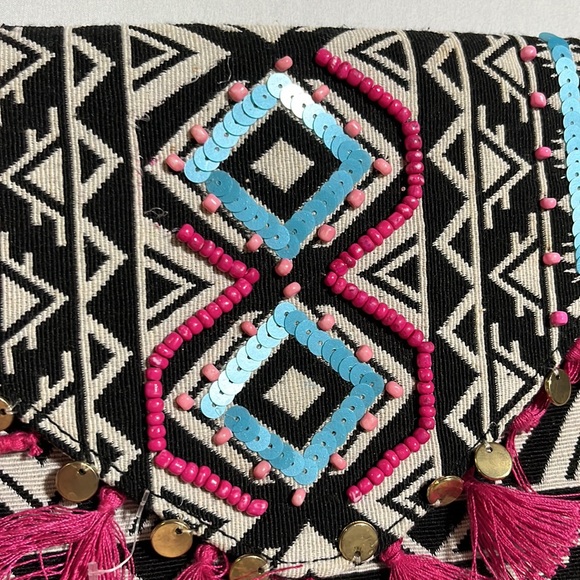 Aztec Boho Embellished Beaded Sequin Tassel Cotton Envelope Clutch Purse Bag - Picture 11 of 11